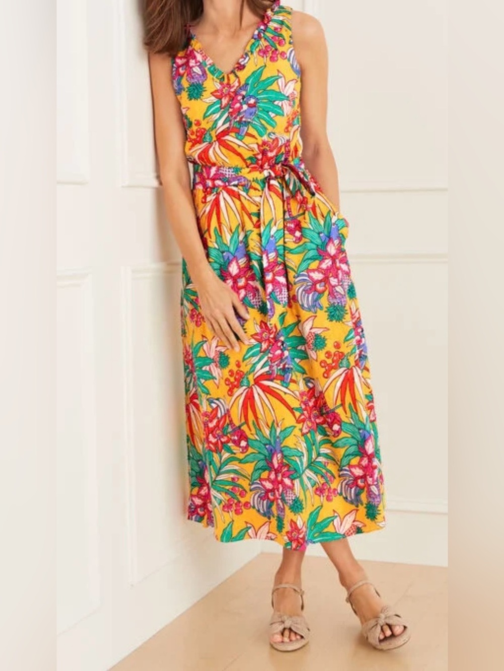 Talbots Tropical Print 100% Cotton Dress Size 6 Yellow Floral Parrot Midi Belted - Picture 3 of 12